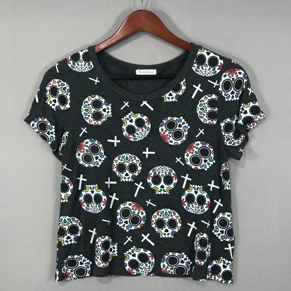 Occasion Shirt Girls XL (14-16) Black Sugar Skulls Tee Cross Dia de Los Muertos